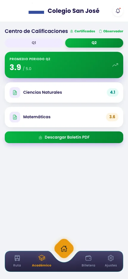 Centro de Calificaciones en la app de CertiEdu
