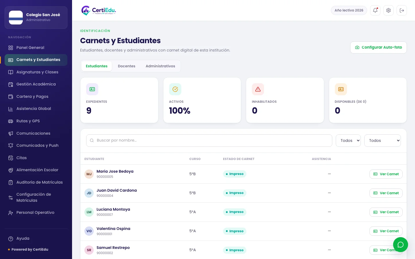 Carnets y Estudiantes — panel administrativo de CertiEdu