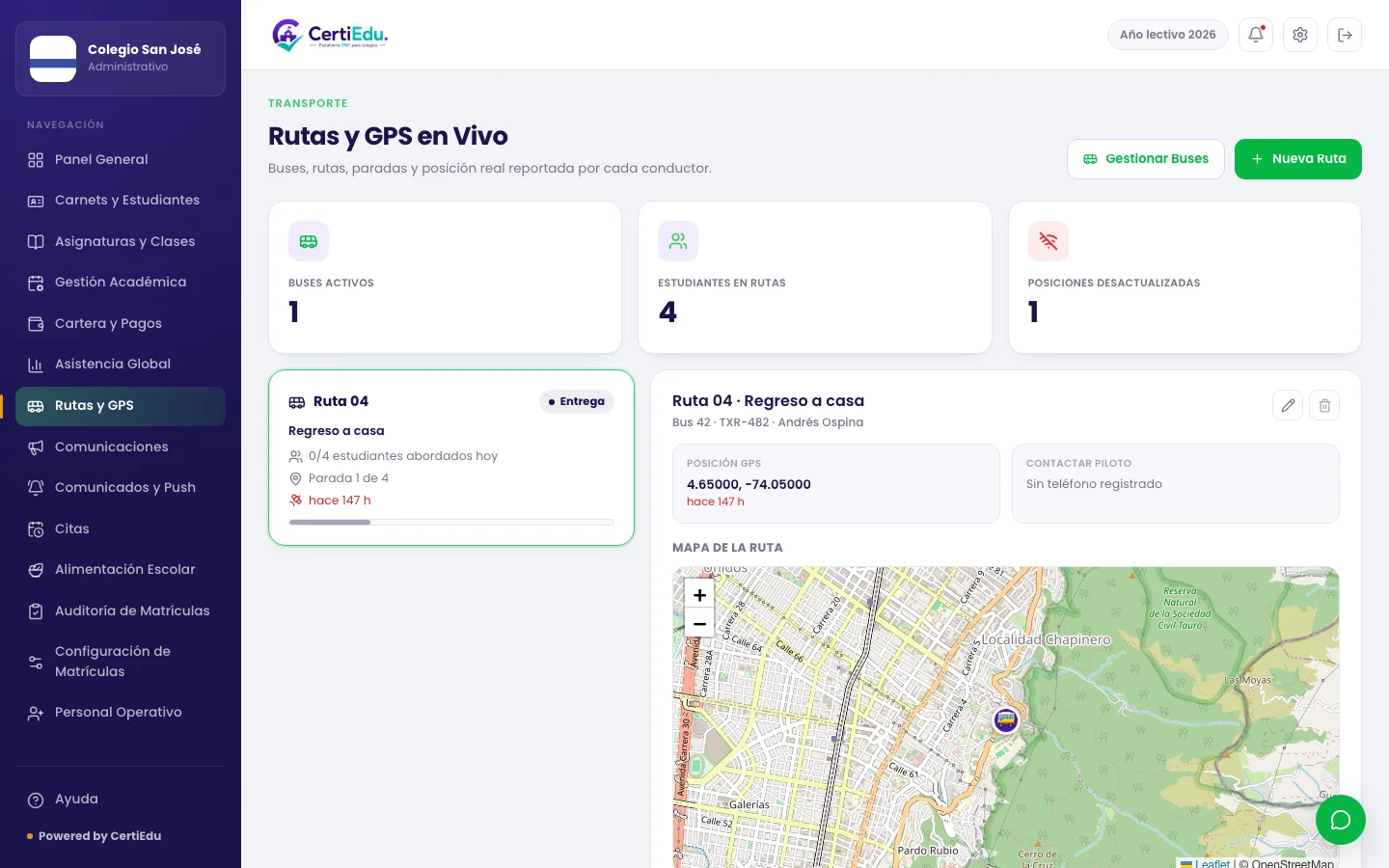 Rutas y GPS en vivo — panel administrativo de CertiEdu
